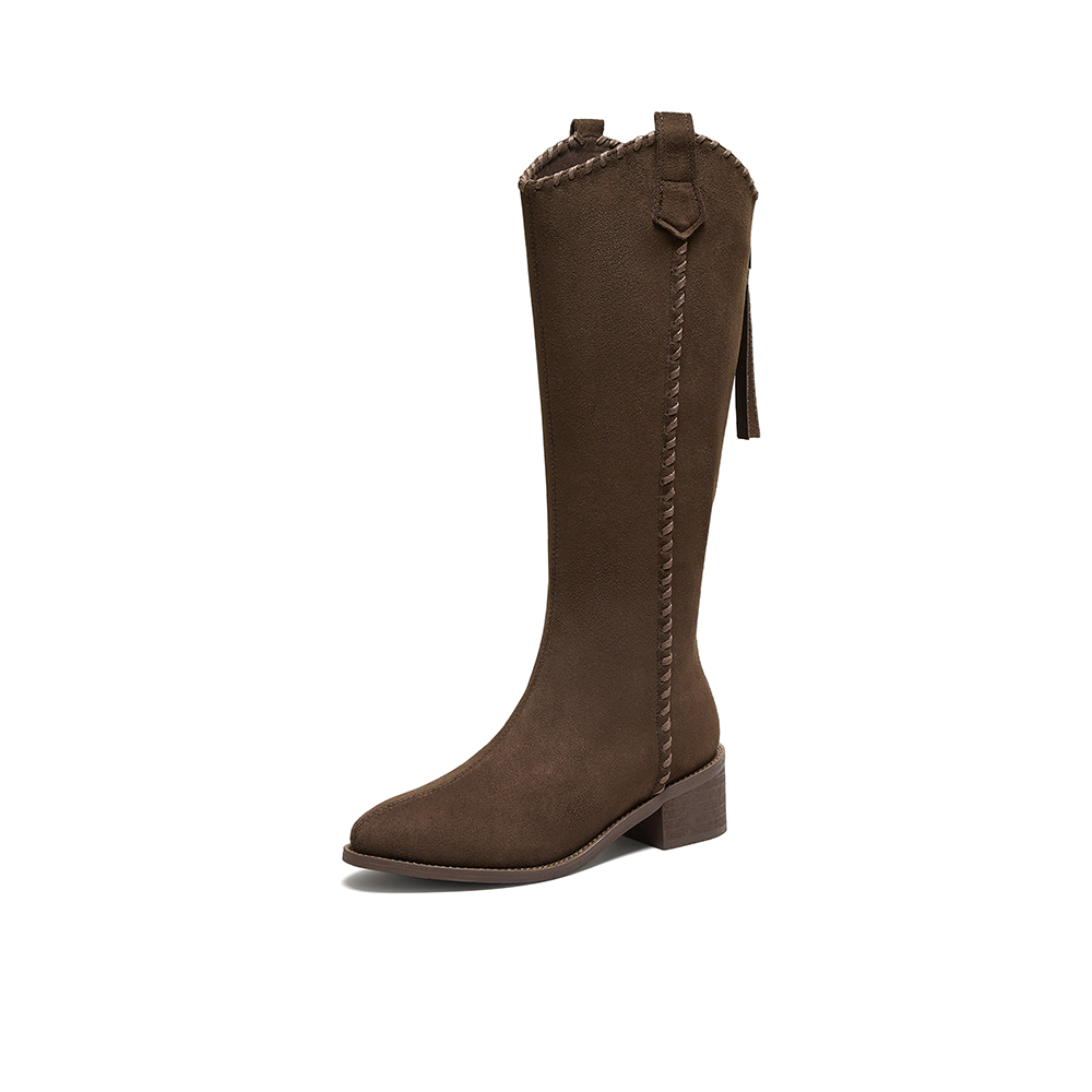 百思图2025冬季新款骑士靴潮流街头粗跟女长靴F3016DG5