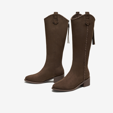 百思图2025冬季新款骑士靴潮流街头粗跟女长靴F3016DG5