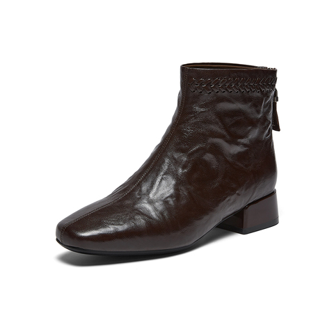 百思图2025冬季新款商场同款时装靴简约通勤粗跟女短靴BN889DD5