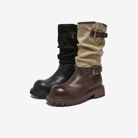 百思图2025冬季新款西部靴时尚复古潮流粗跟女中靴BP996DZ5