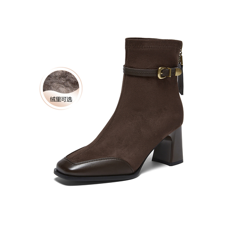 百思图2025冬季新款商场同款时装靴时尚粗高跟女短靴F2178DD5