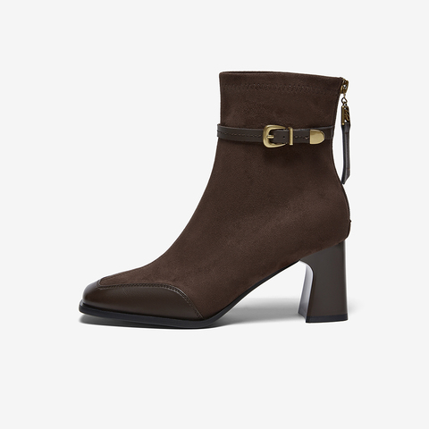 百思图2025冬季新款商场同款时装靴时尚粗高跟女短靴F2178DD5