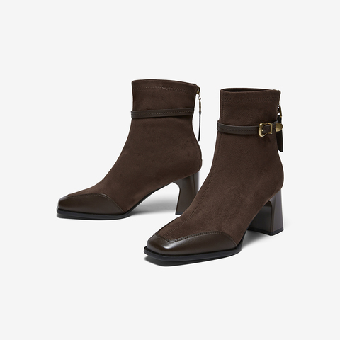 百思图2025冬季新款商场同款时装靴时尚粗高跟女短靴F2178DD5