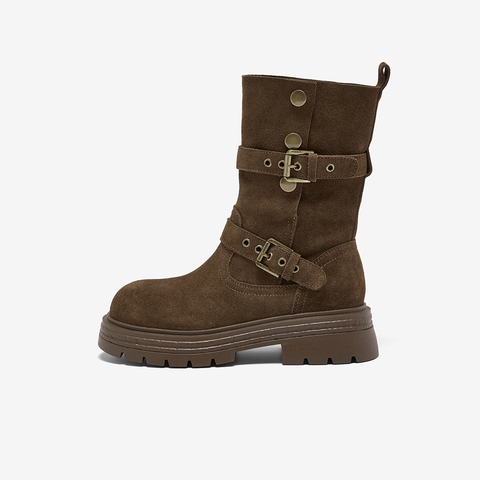 百思图2025冬季新款商场同款西部靴时尚复古厚底女中靴BP338DZ5