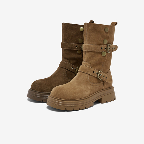 百思图2025冬季新款商场同款西部靴时尚复古厚底女中靴BP338DZ5
