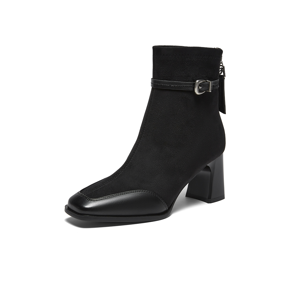 百思图2025冬季新款商场同款时装靴时尚粗高跟女短靴F2178DD5