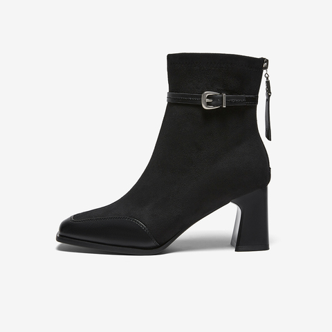 百思图2025冬季新款商场同款时装靴时尚粗高跟女短靴F2178DD5