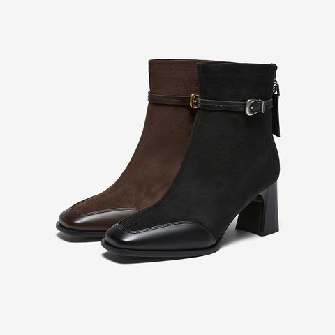 百思图2025冬季新款商场同款时装靴时尚粗高跟女短靴F2178DD5