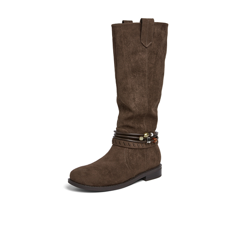 百思图2025冬季新款堆堆靴西部靴时尚复古女长靴W5862DG5