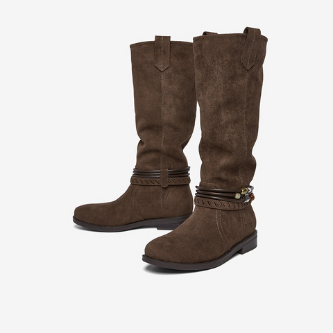 百思图2025冬季新款堆堆靴西部靴时尚复古女长靴W5862DG5