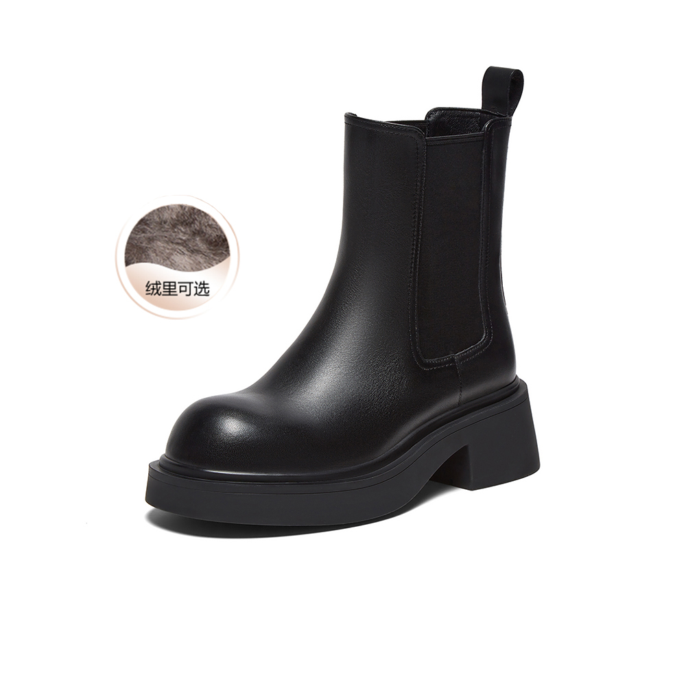 百思图2025冬季新款商场同款切尔西靴时尚潮流粗跟女短靴W3831DD5