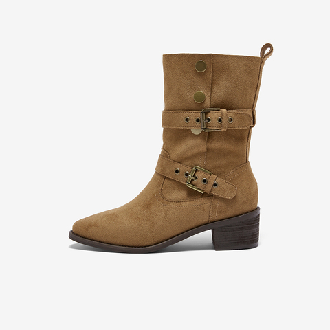 百思图2025冬季新款西部靴时尚潮流复古粗跟女中靴BP019DZ5
