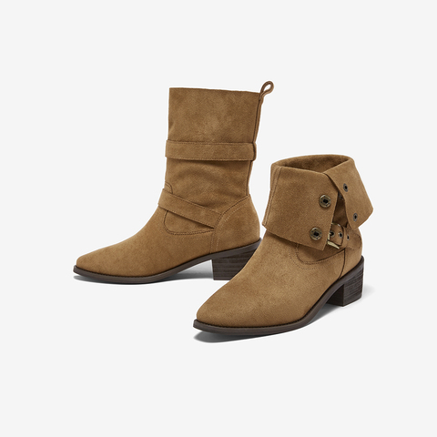 百思图2025冬季新款西部靴时尚潮流复古粗跟女中靴BP019DZ5