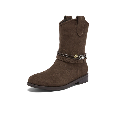 百思图2025冬季新款西部靴时髦复古街头潮流女短靴W5861DD5