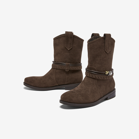 百思图2025冬季新款西部靴时髦复古街头潮流女短靴W5861DD5