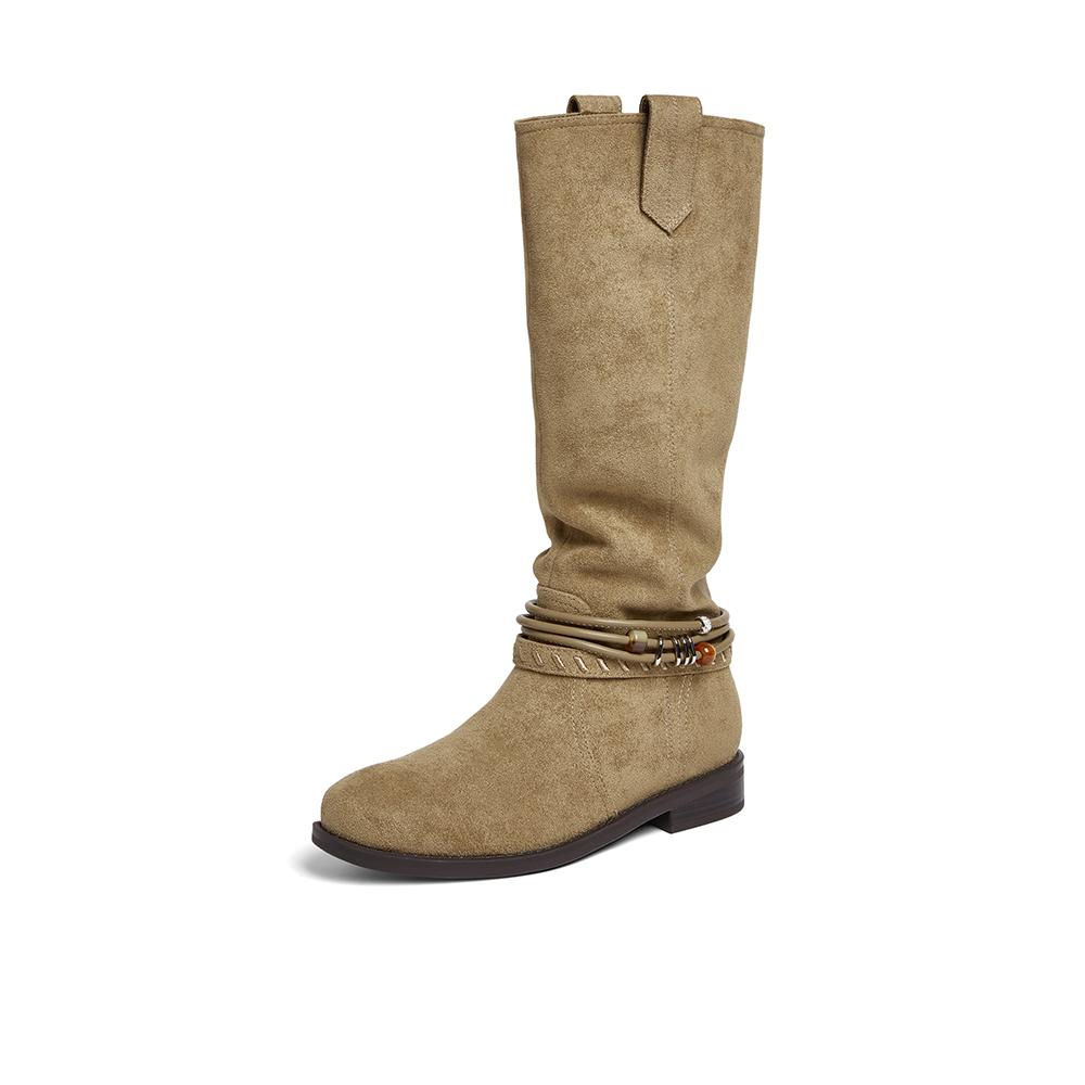 百思图2025冬季新款堆堆靴西部靴时尚复古女长靴W5862DG5