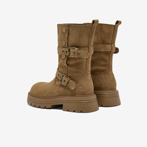 百思图2025冬季新款西部靴时尚复古厚底圆头女中靴BP335DZ5