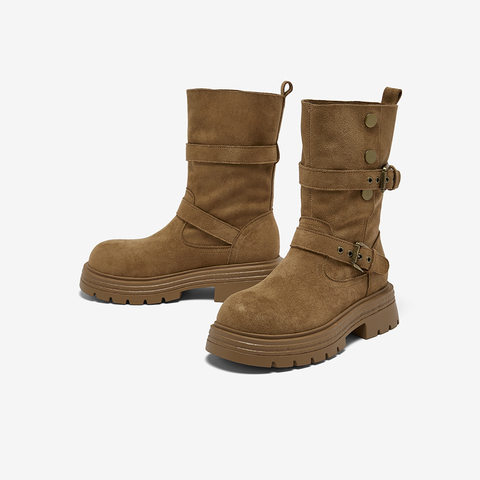 百思图2025冬季新款西部靴时尚复古厚底圆头女中靴BP335DZ5