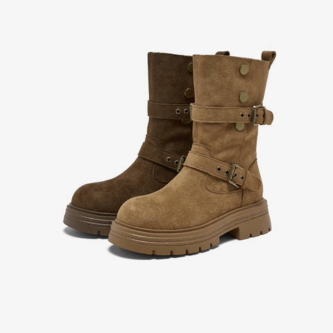 百思图2025冬季新款西部靴时尚复古厚底圆头女中靴BP335DZ5
