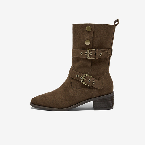 百思图2025冬季新款西部靴时尚潮流复古粗跟女中靴BP019DZ5