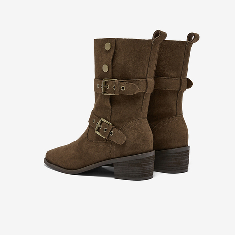 百思图2025冬季新款西部靴时尚潮流复古粗跟女中靴BP019DZ5