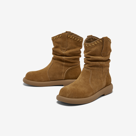 百思图2025冬季新款商场同款西部堆堆靴时尚复古女中靴D3780DZ5