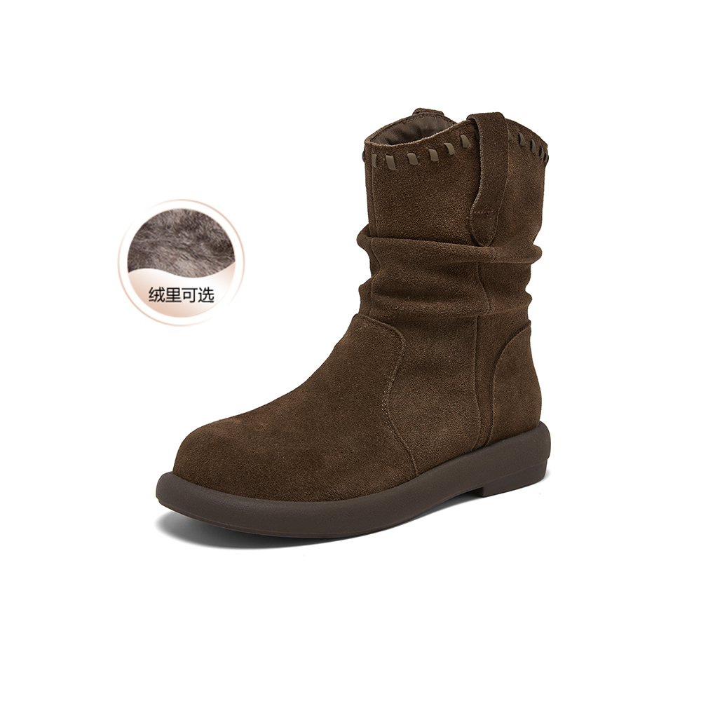 百思图2025冬季新款商场同款西部堆堆靴时尚复古女中靴D3780DZ5