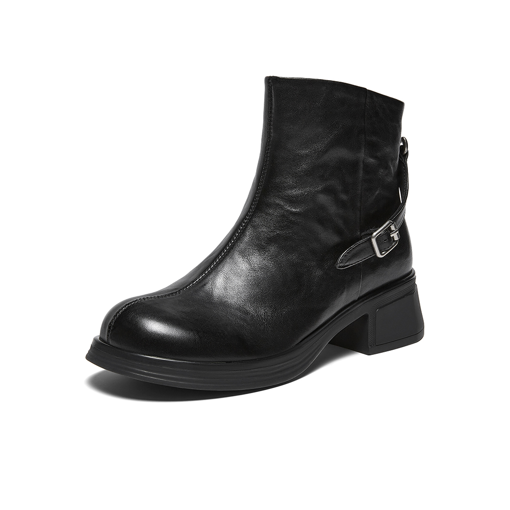 百思图2025冬季新款商场同款时装靴时尚简约粗跟女短靴UYM01DD5