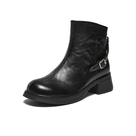 百思图2025冬季新款商场同款时装靴时尚简约粗跟女短靴UYM01DD5