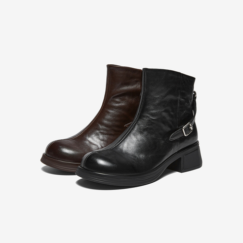 百思图2025冬季新款商场同款时装靴时尚简约粗跟女短靴UYM01DD5