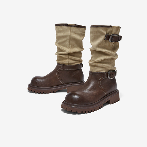 百思图2025冬季新款西部靴时尚复古潮流粗跟女中靴BP996DZ5