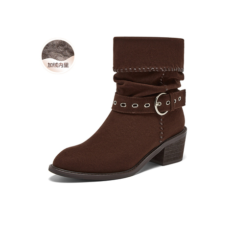 百思图2025冬季新款西部靴时尚潮流堆堆靴粗跟尖头女中靴B2732DZ5