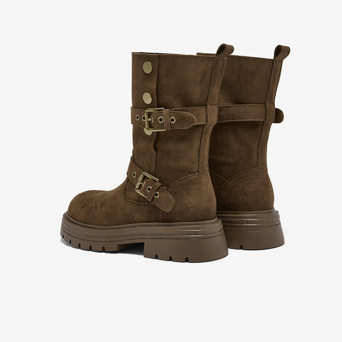 百思图2025冬季新款西部靴时尚复古厚底圆头女中靴BP335DZ5