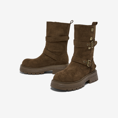 百思图2025冬季新款西部靴时尚复古厚底圆头女中靴BP335DZ5