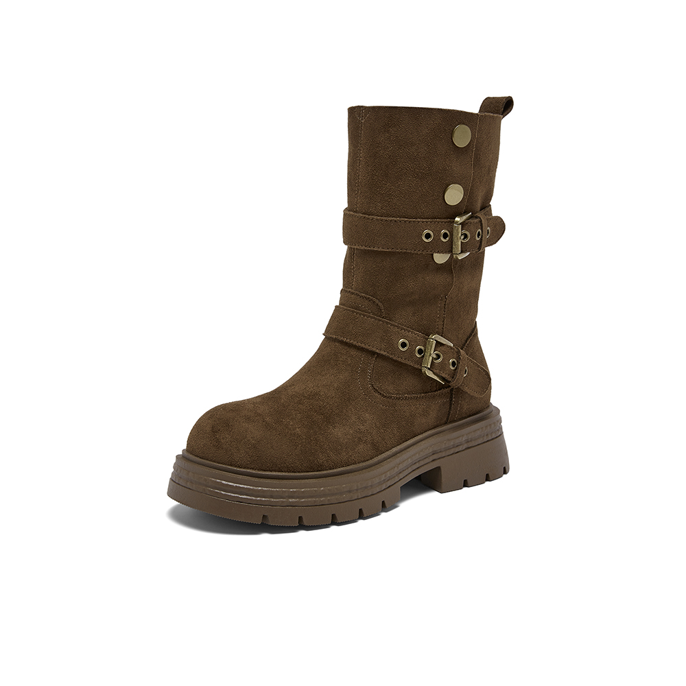 百思图2025冬季新款西部靴时尚复古厚底圆头女中靴BP335DZ5