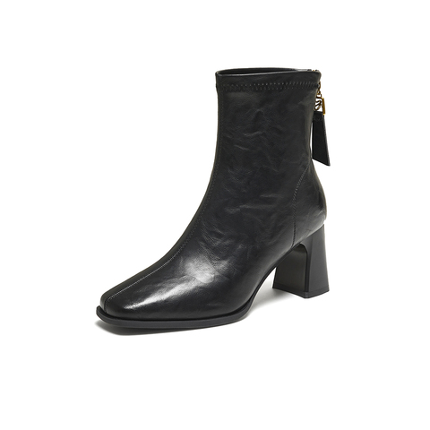 百思图2025冬季新款商场同款时装靴时尚通勤粗跟女短靴F5217DD5