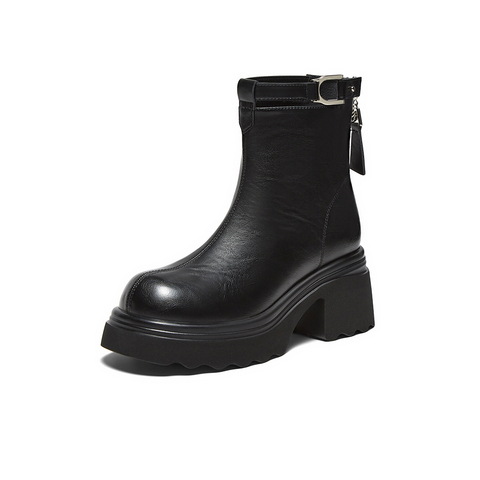 百思图2025冬季新款时装靴时尚潮流通勤粗跟女短靴F2012DD5