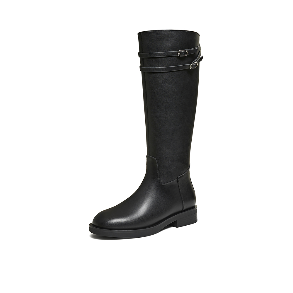 百思图2025冬季新款骑士靴简约时尚复古粗跟女长靴W6563DG5