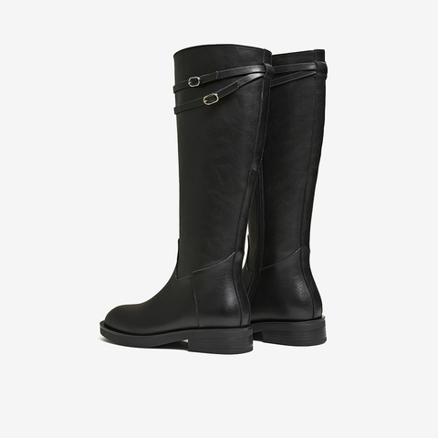 百思图2025冬季新款骑士靴简约时尚复古粗跟女长靴W6563DG5