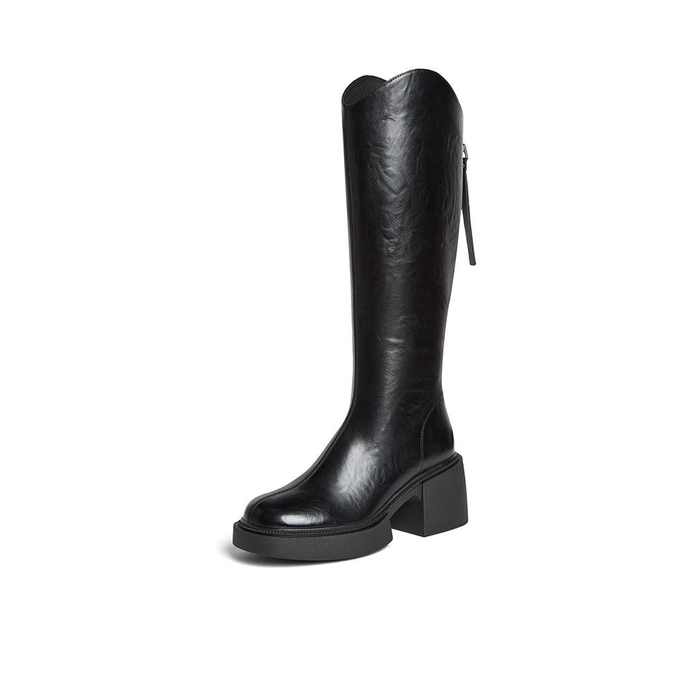 百思图2025冬季新款骑士靴时尚街头潮流通勤粗跟女长靴F3021DG5