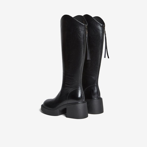 百思图2025冬季新款骑士靴时尚街头潮流通勤粗跟女长靴F3021DG5