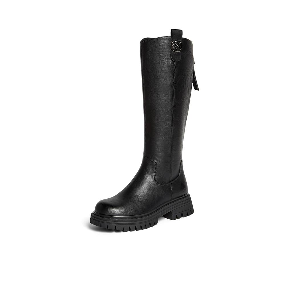 百思图2025冬季新款商场同款骑士靴简约通勤粗跟女长靴F2031DG5