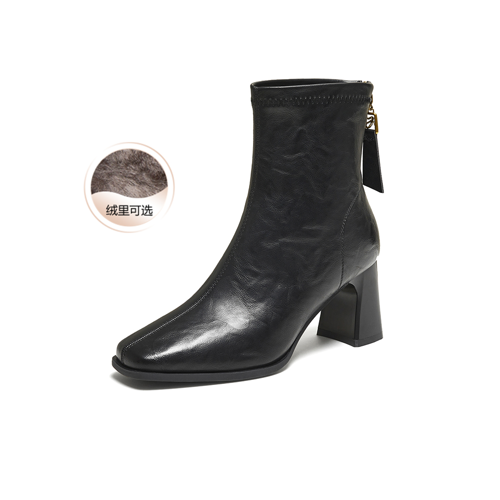 百思图2025冬季新款商场同款时装靴时尚通勤粗跟女短靴F5217DD5