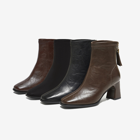 百思图2025冬季新款商场同款时装靴时尚通勤粗跟女短靴F5217DD5