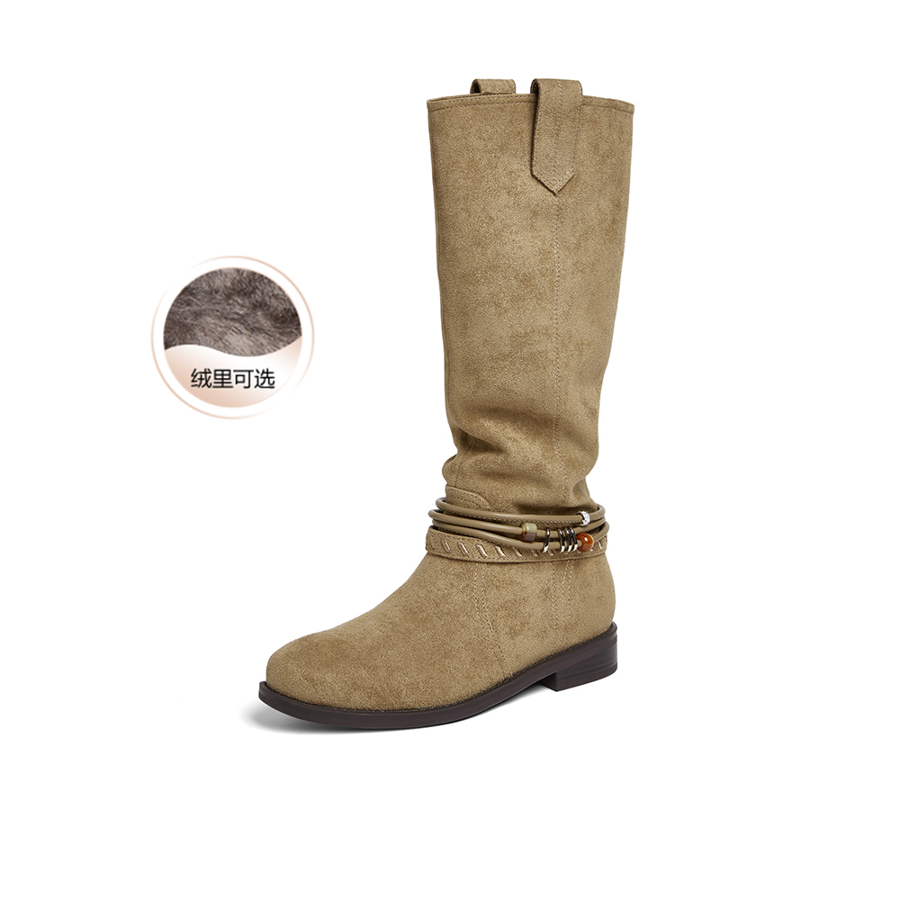 百思图2025冬季新款堆堆靴西部靴时尚复古女长靴W5862DG5