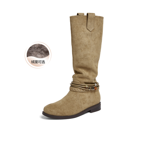 百思图2025冬季新款堆堆靴西部靴时尚复古女长靴W5862DG5