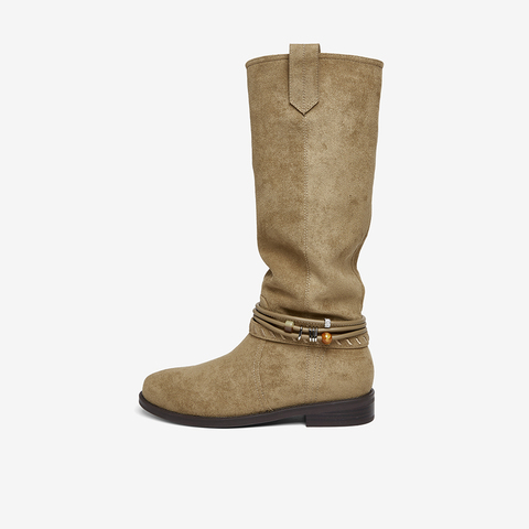 百思图2025冬季新款堆堆靴西部靴时尚复古女长靴W5862DG5