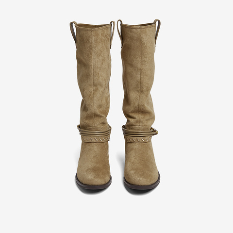 百思图2025冬季新款堆堆靴西部靴时尚复古女长靴W5862DG5