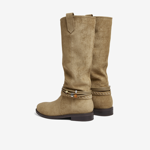 百思图2025冬季新款堆堆靴西部靴时尚复古女长靴W5862DG5