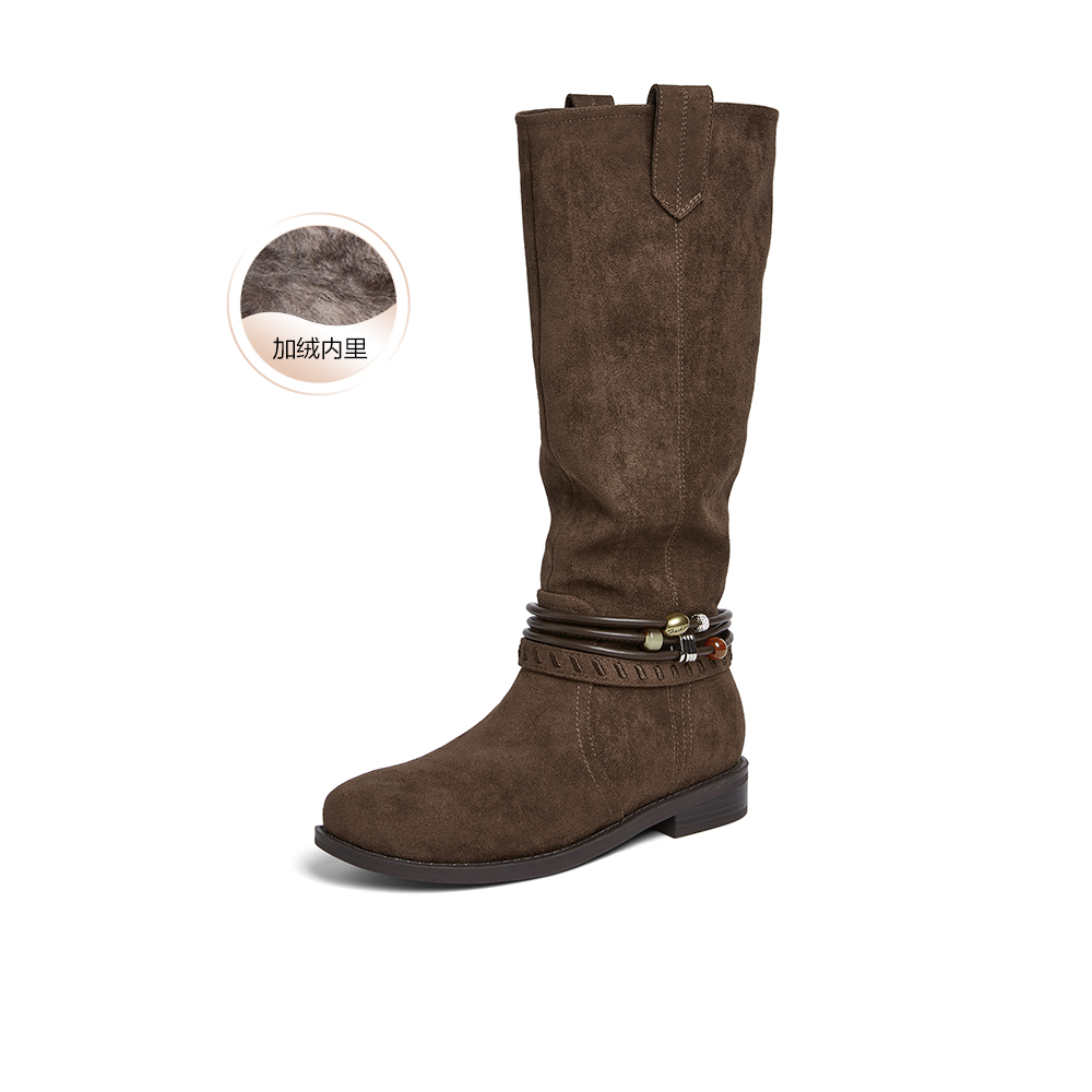 百思图2025冬季新款堆堆靴西部靴时尚复古女长靴W5862DG5